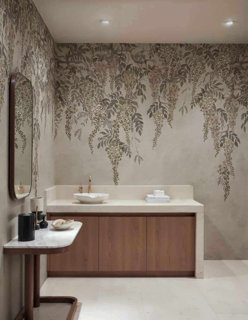 Whispers Wisteria wall mural by Rebel Walls in Grey, styled room
