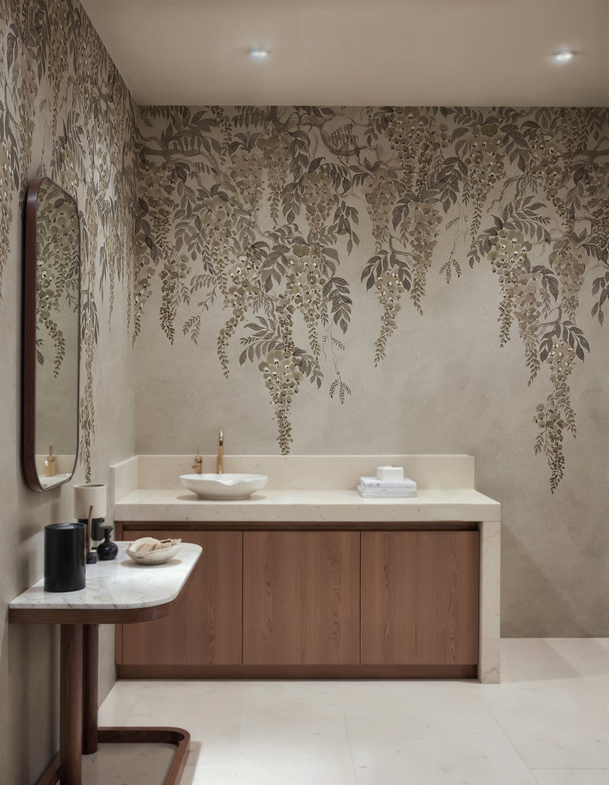 Whispers Wisteria wall mural by Rebel Walls in Grey, styled room