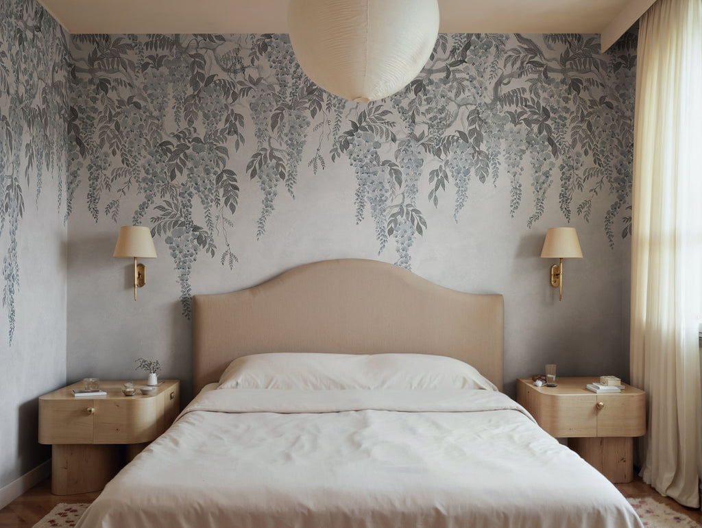 Whispers Wisteria wall mural by Rebel Walls in Blue, styled room