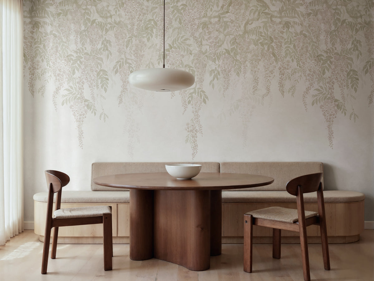 Whispers Wisteria wall mural by Rebel Walls in Beige, styled room