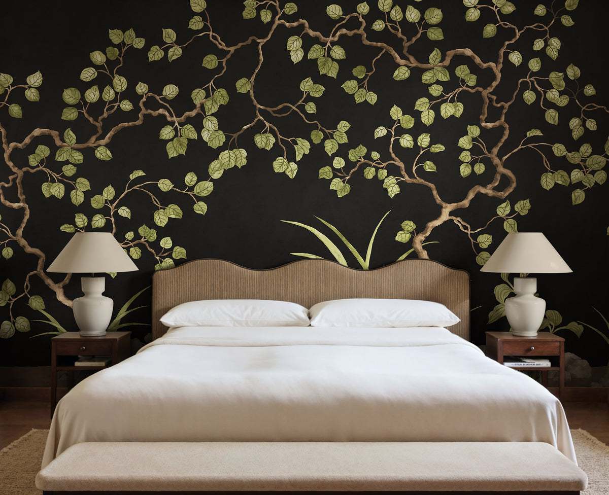Forest of Dreams wall mural by Rebel Walls in Black, styled room
