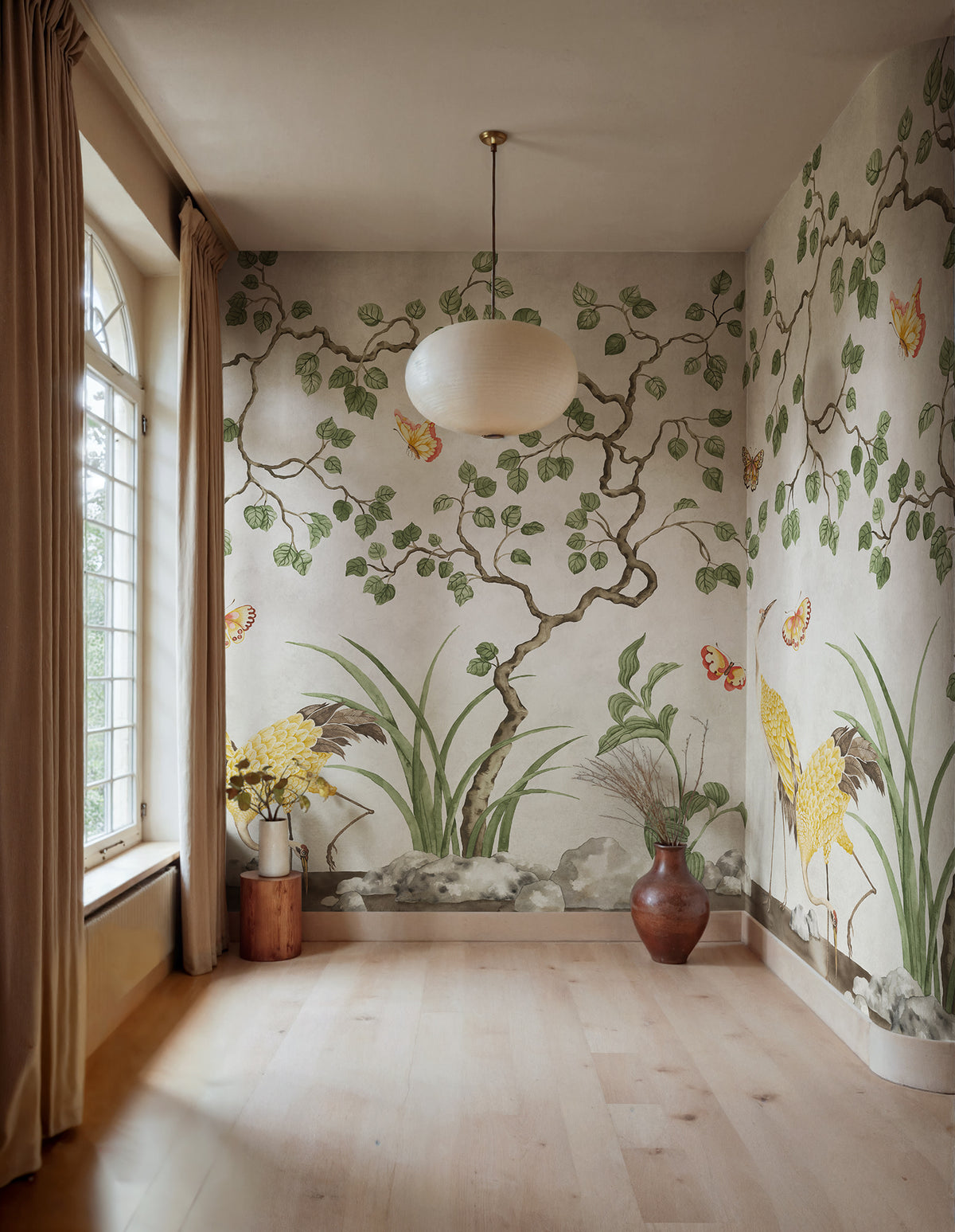 Where Cranes Dream wall mural by Rebel Walls in Beige, styled room