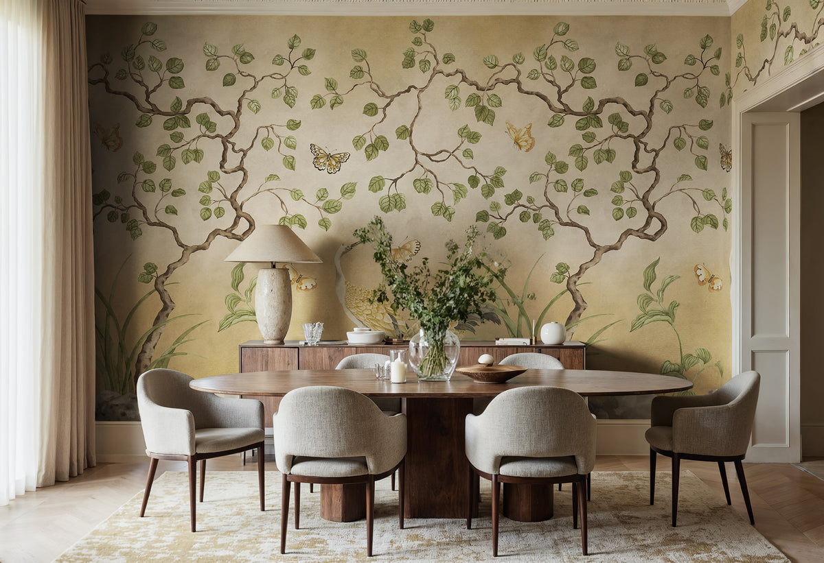 Where Cranes Dream wall mural by Rebel Walls in Yellow, styled room