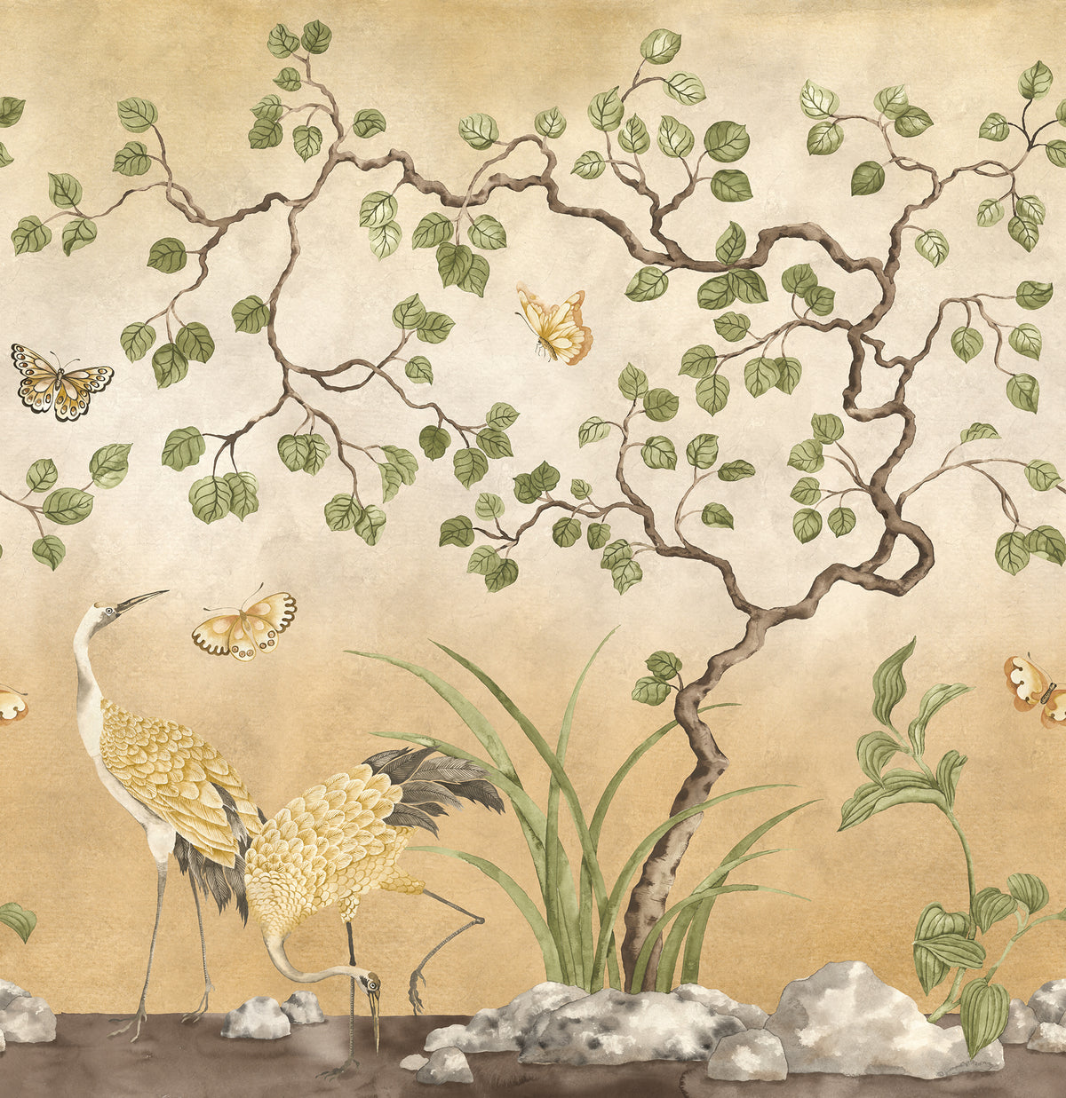 Where Cranes Dream wall mural by Rebel Walls in Yellow, flat swatch