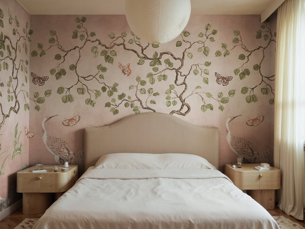 Where Cranes Dream wall mural by Rebel Walls in Pink, styled room