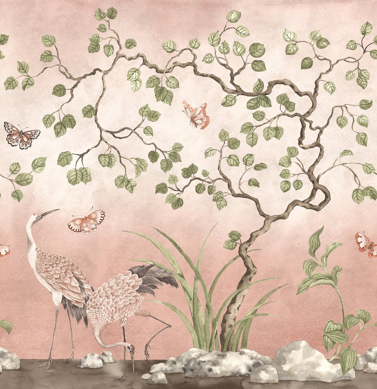 Where Cranes Dream wall mural by Rebel Walls in Pink, flat swatch