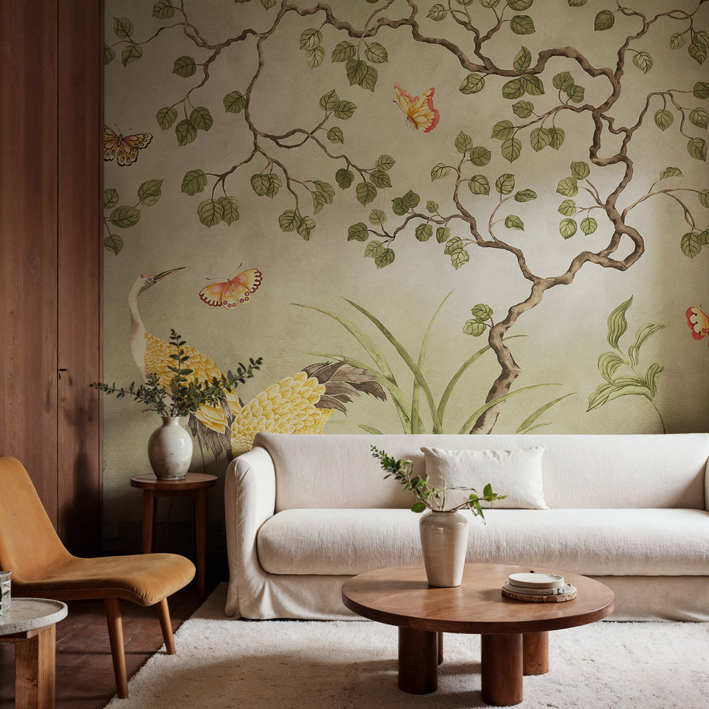 Where Cranes Dream wall mural by Rebel Walls in Green, styled room