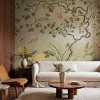 Where Cranes Dream wall mural by Rebel Walls in Green, styled room