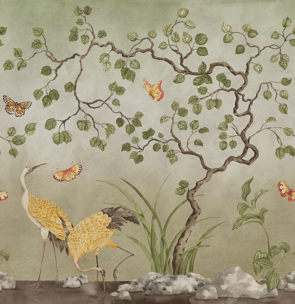 Where Cranes Dream wall mural by Rebel Walls in Green, flat swatch