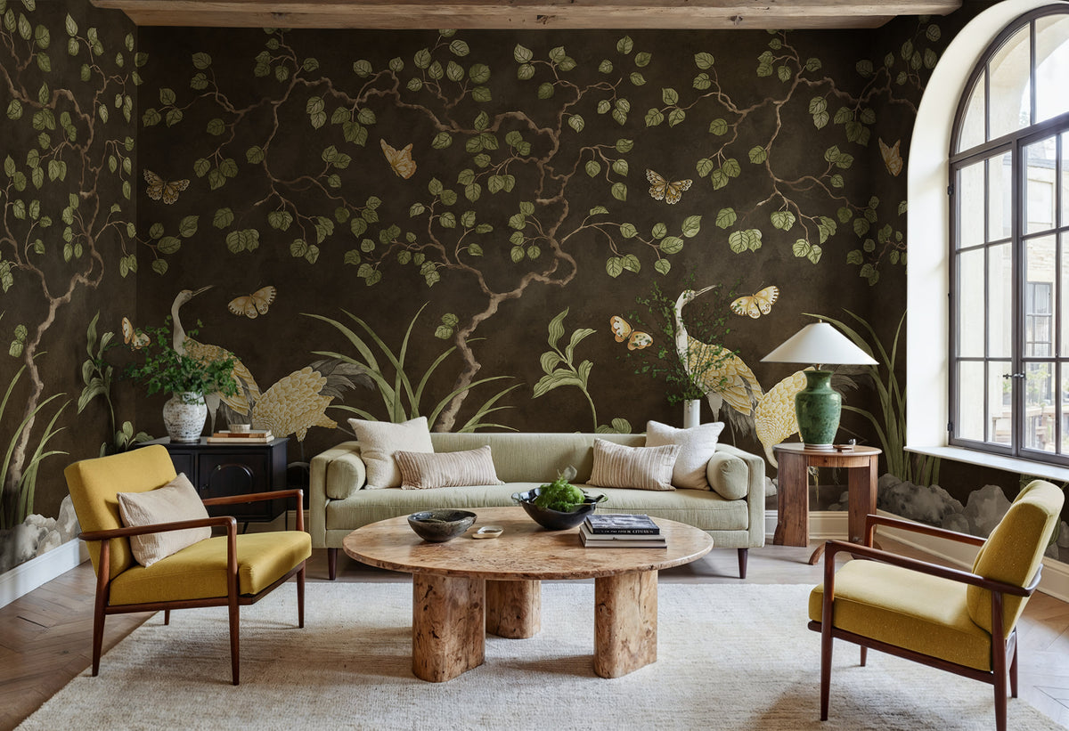 Where Cranes Dream wall mural by Rebel Walls in Black, styled room