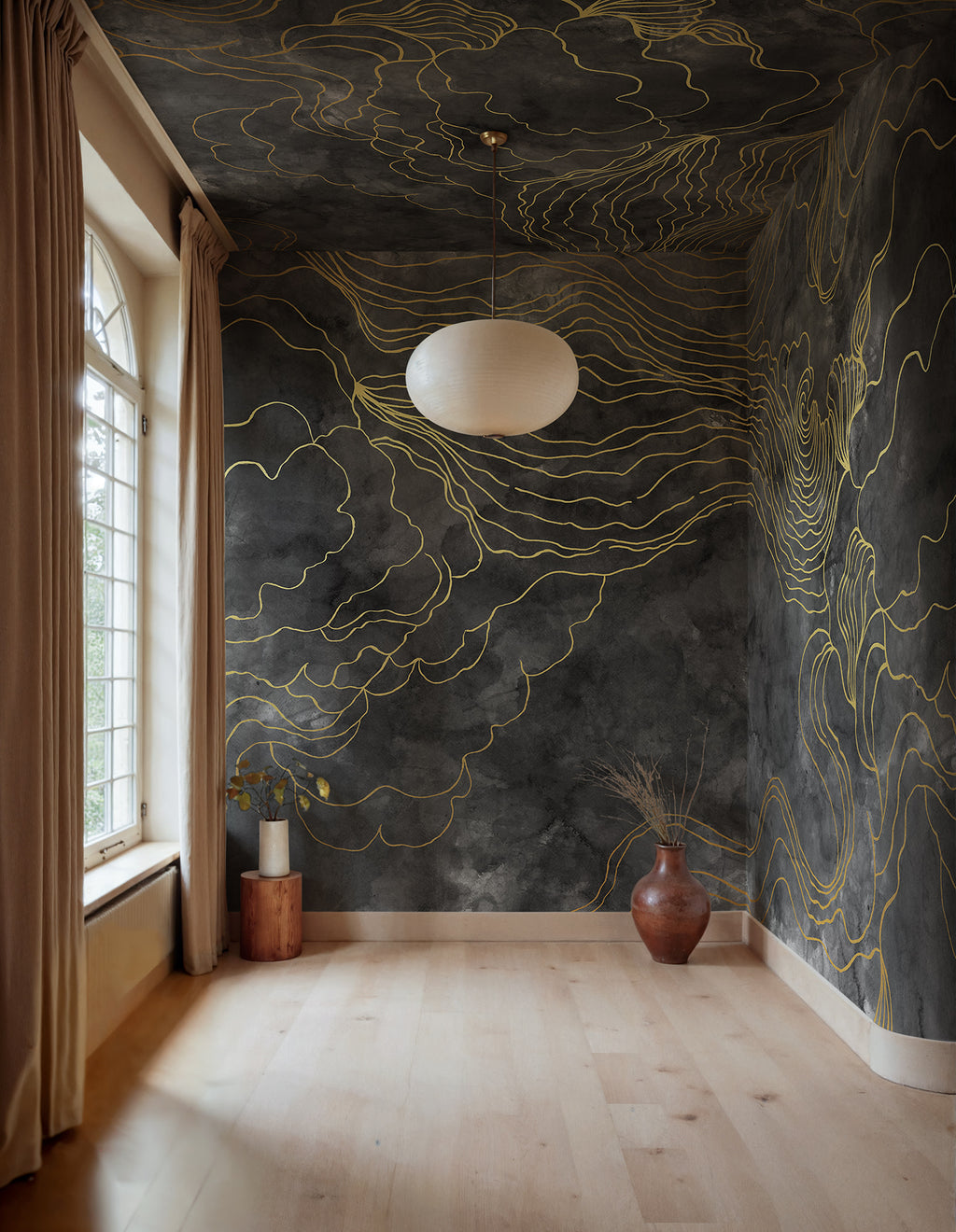Opulence Storm wall mural by Rebel Walls in Black, styled room