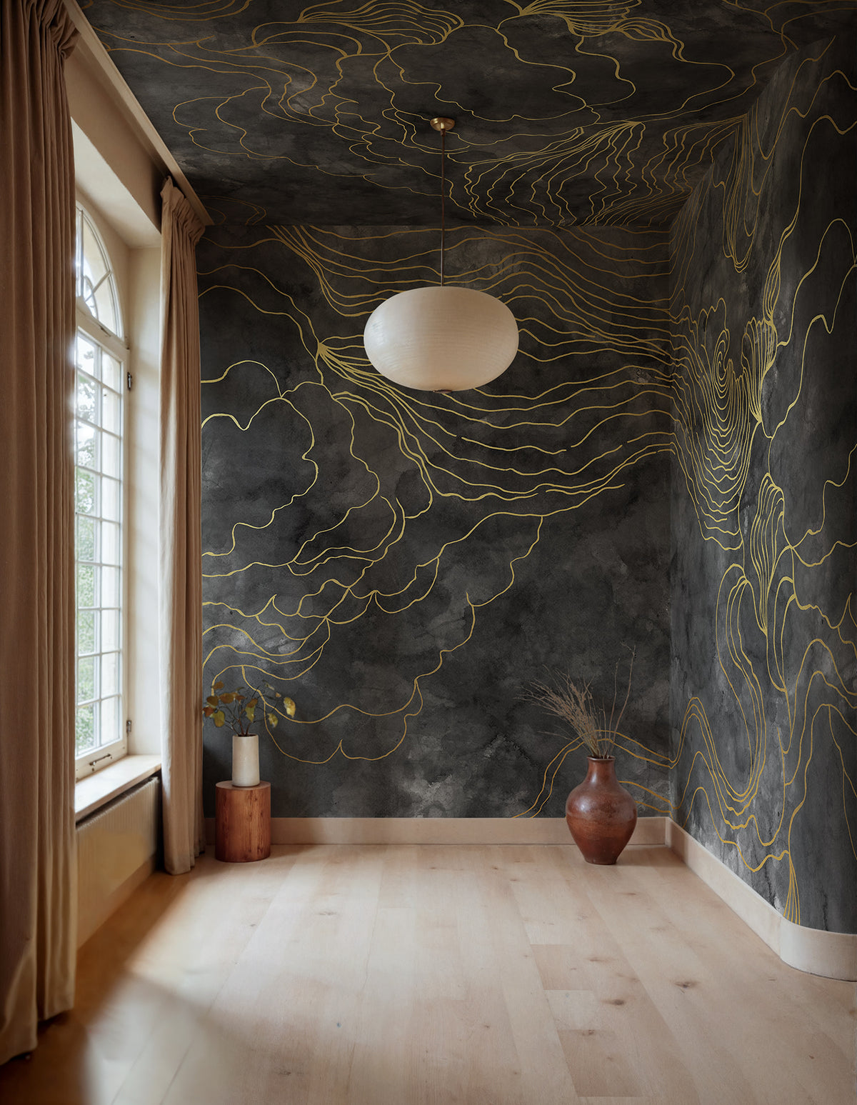 Opulence Storm wall mural by Rebel Walls in Black, styled room