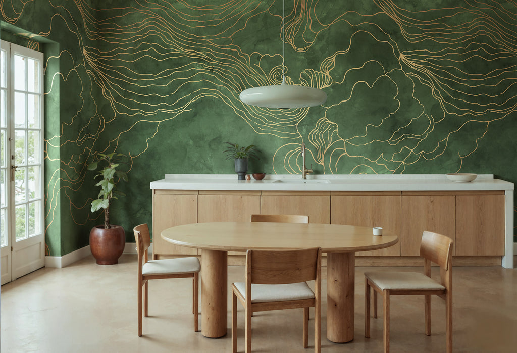 Opulence Storm wall mural by Rebel Walls in Green, styled room
