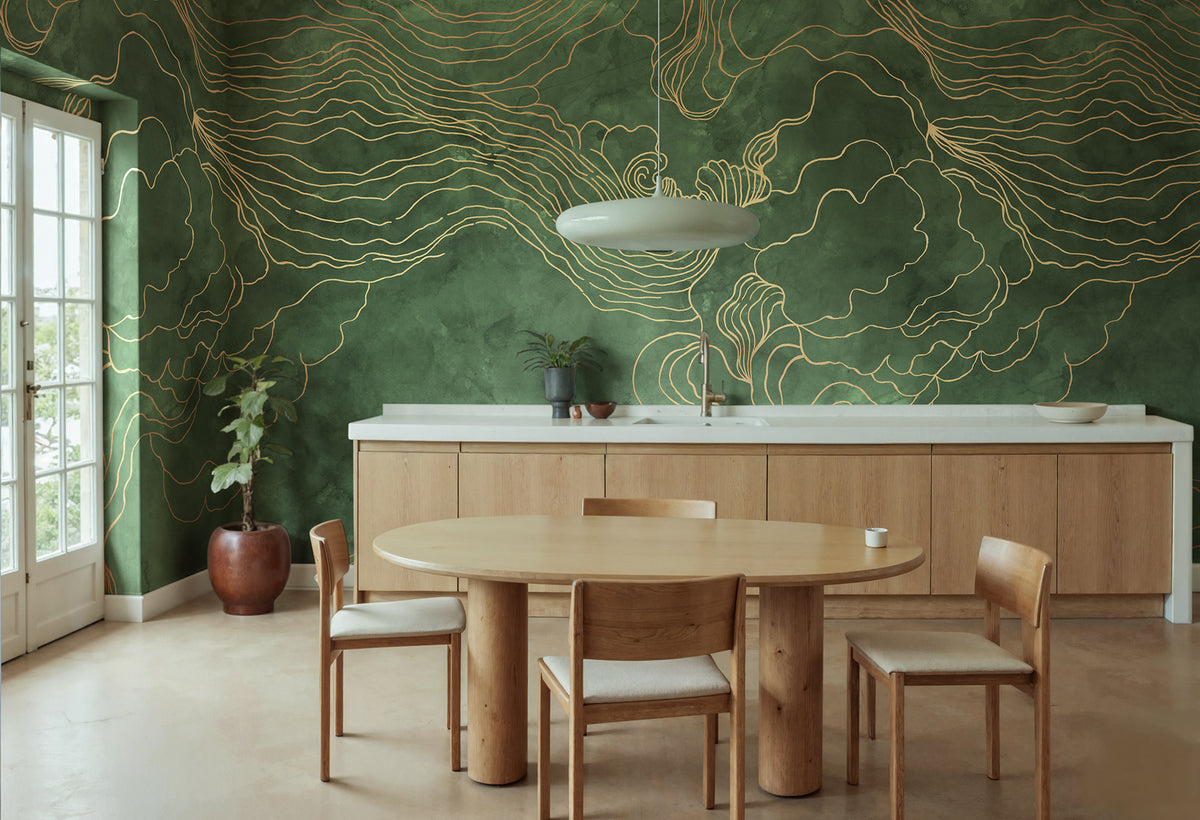 Opulence Storm wall mural by Rebel Walls in Green, styled room