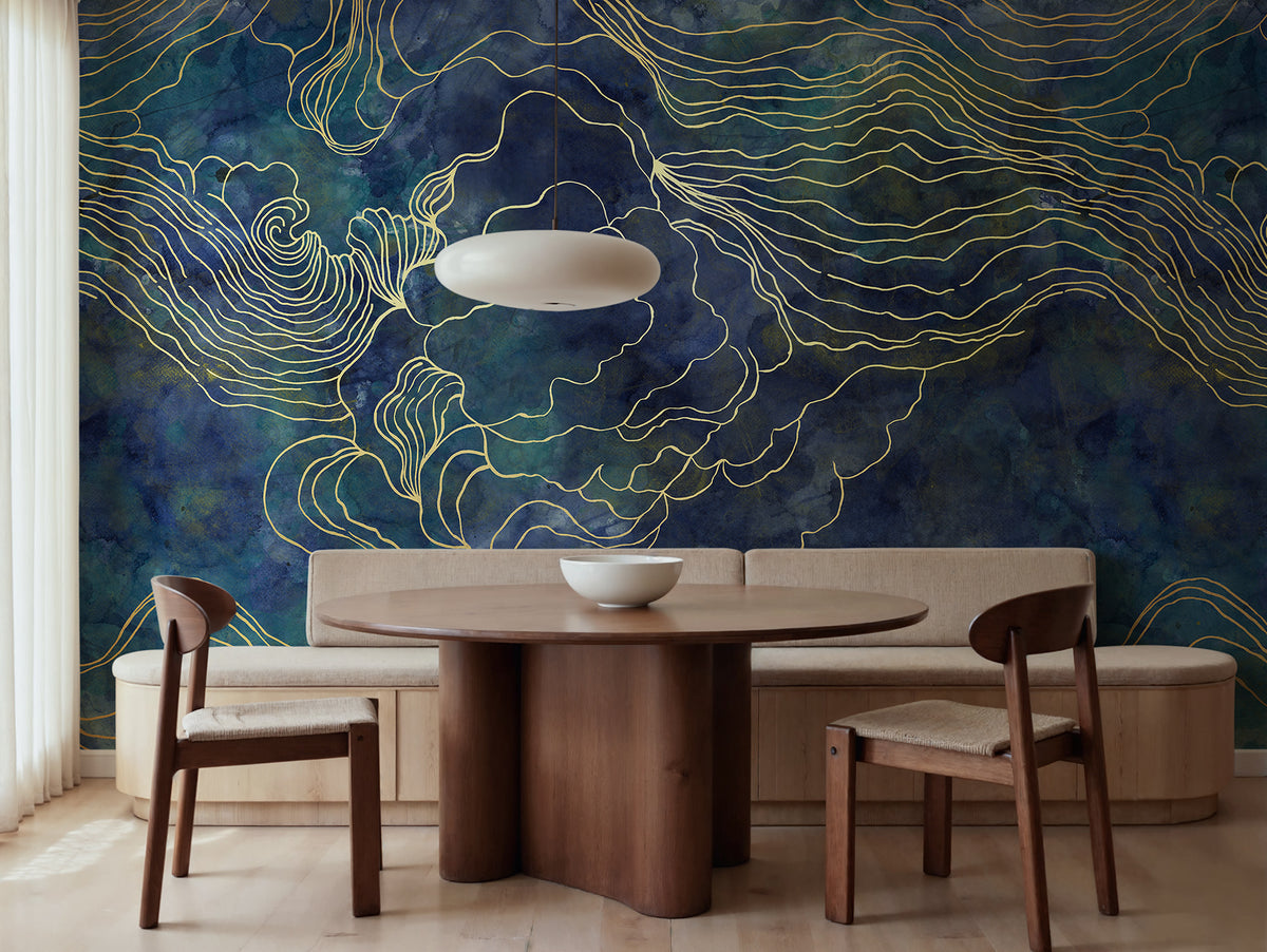 Opulence Storm wall mural by Rebel Walls in Navy, styled room