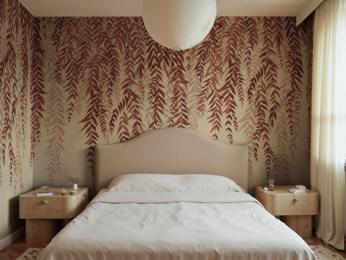 Whispers of Bamboo wall mural by Rebel Walls in Red, styled room