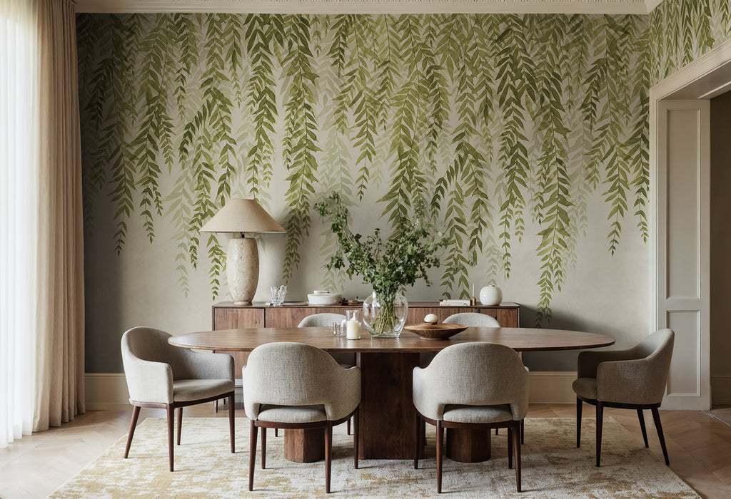 Whispers of Bamboo wall mural by Rebel Walls in Green, styled room