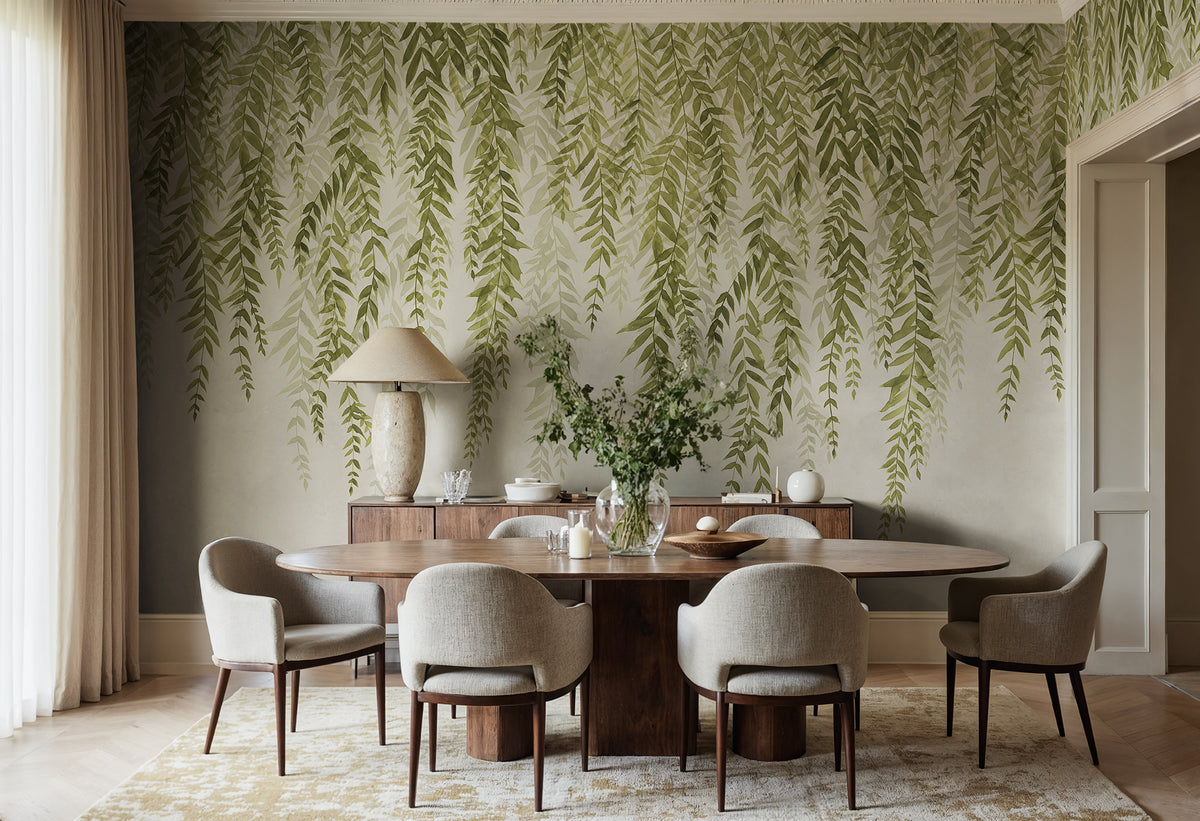 Whispers of Bamboo wall mural by Rebel Walls in Green, styled room