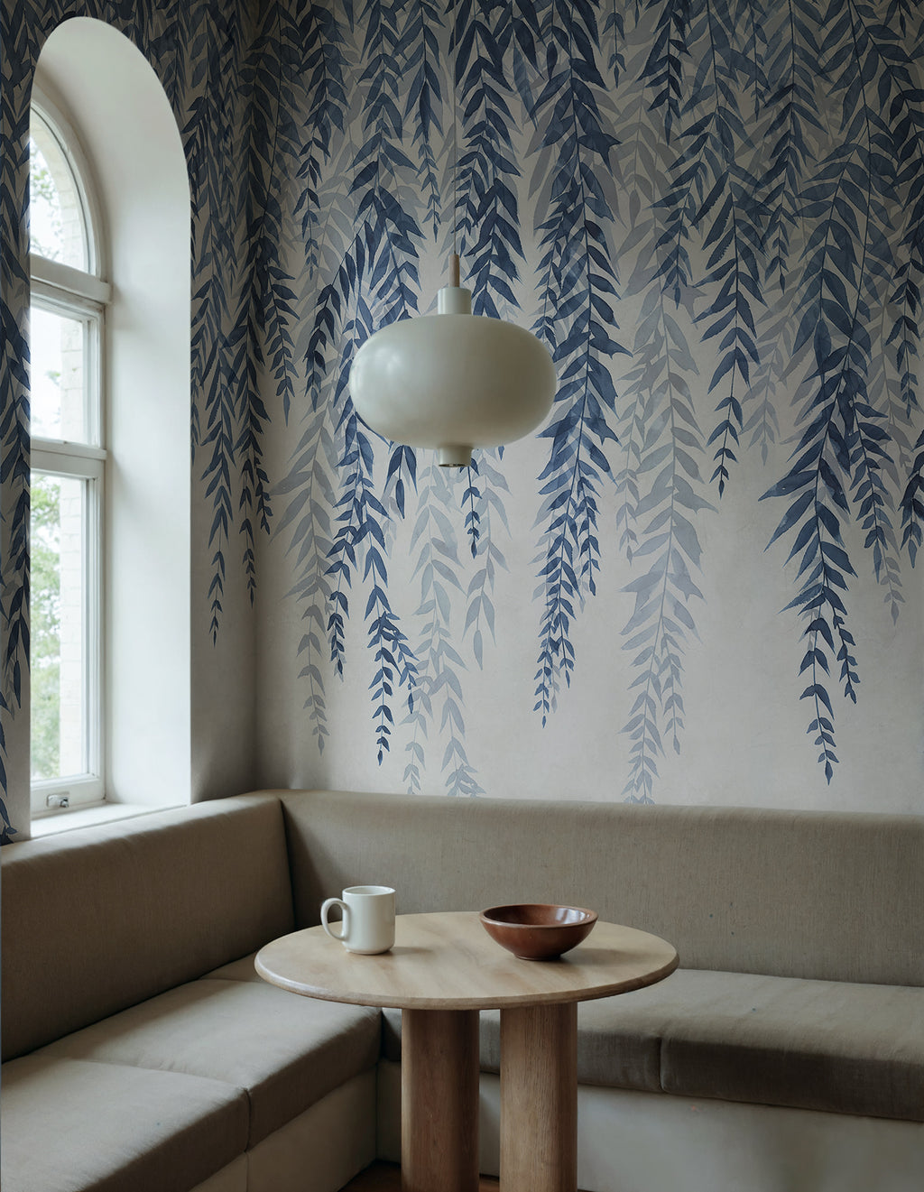 Whispers of Bamboo wall mural by Rebel Walls in Blue, styled room