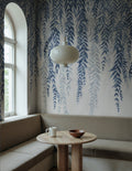Whispers of Bamboo wall mural by Rebel Walls in Blue, styled room