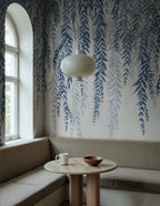 Whispers of Bamboo wall mural by Rebel Walls in Blue, styled room