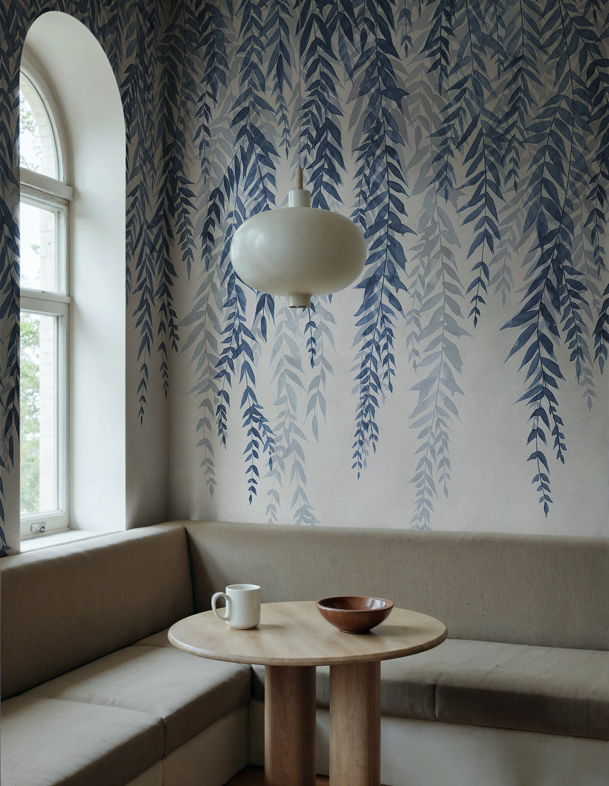 Whispers of Bamboo wall mural by Rebel Walls in Blue, styled room