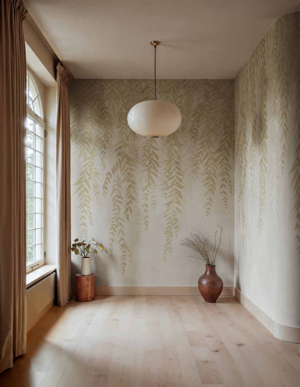 Whispers of Bamboo wall mural by Rebel Walls in Beige, styled room