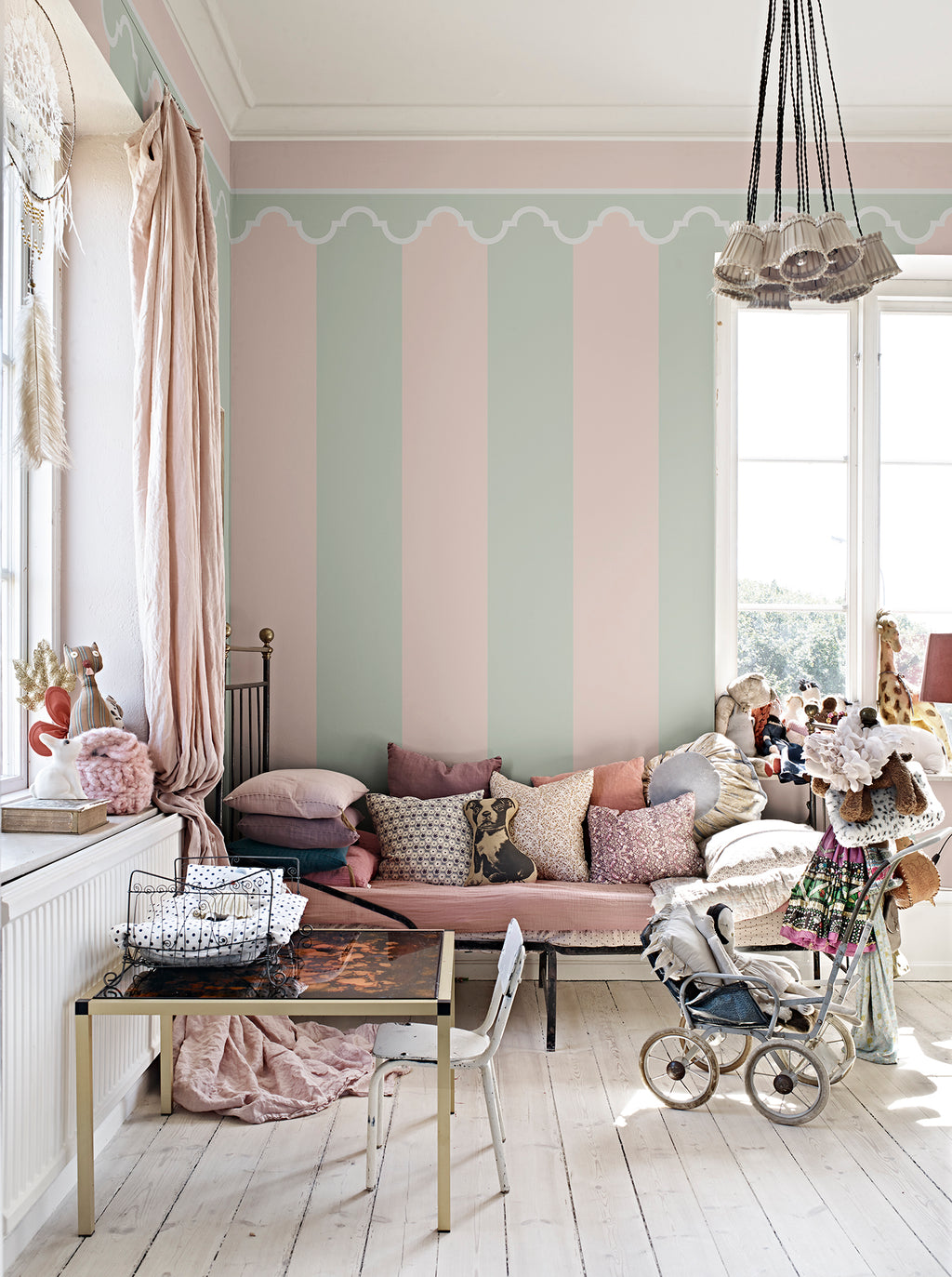 Stripe Chateau wall mural by Rebel Walls in Pastel, styled room