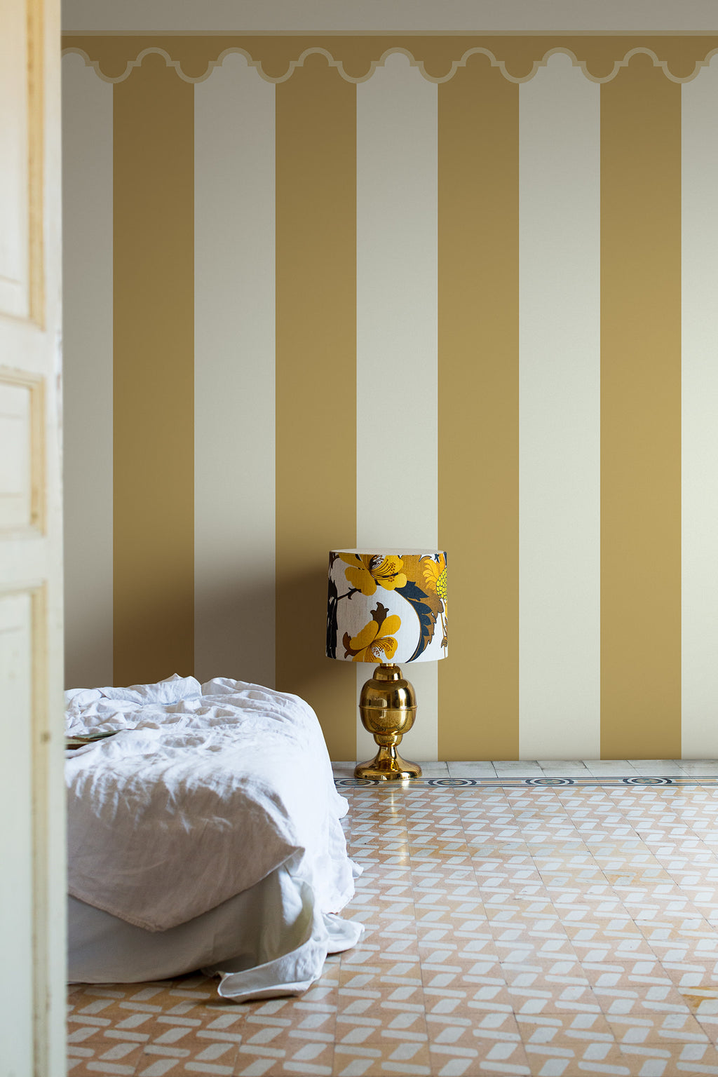 Stripe Chateau wall mural by Rebel Walls in Yellow, styled room
