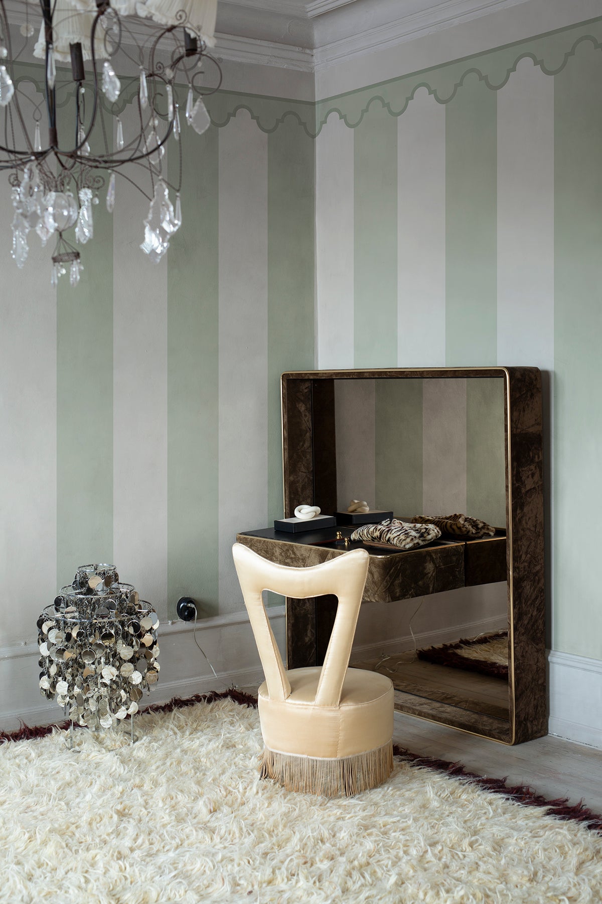 Stripe Chateau wall mural by Rebel Walls in Green, styled room