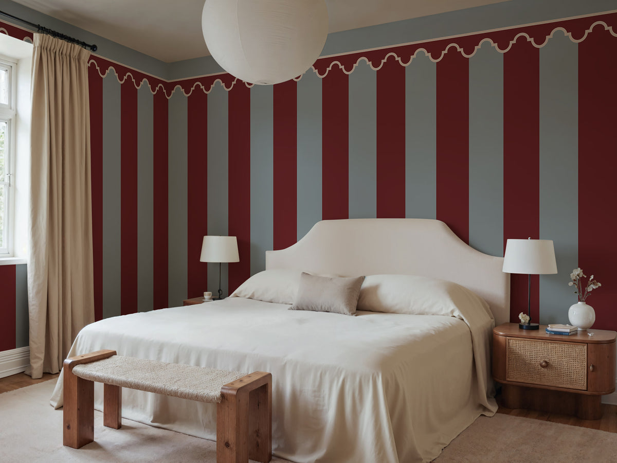 Stripe Chateau wall mural by Rebel Walls in Red, styled room