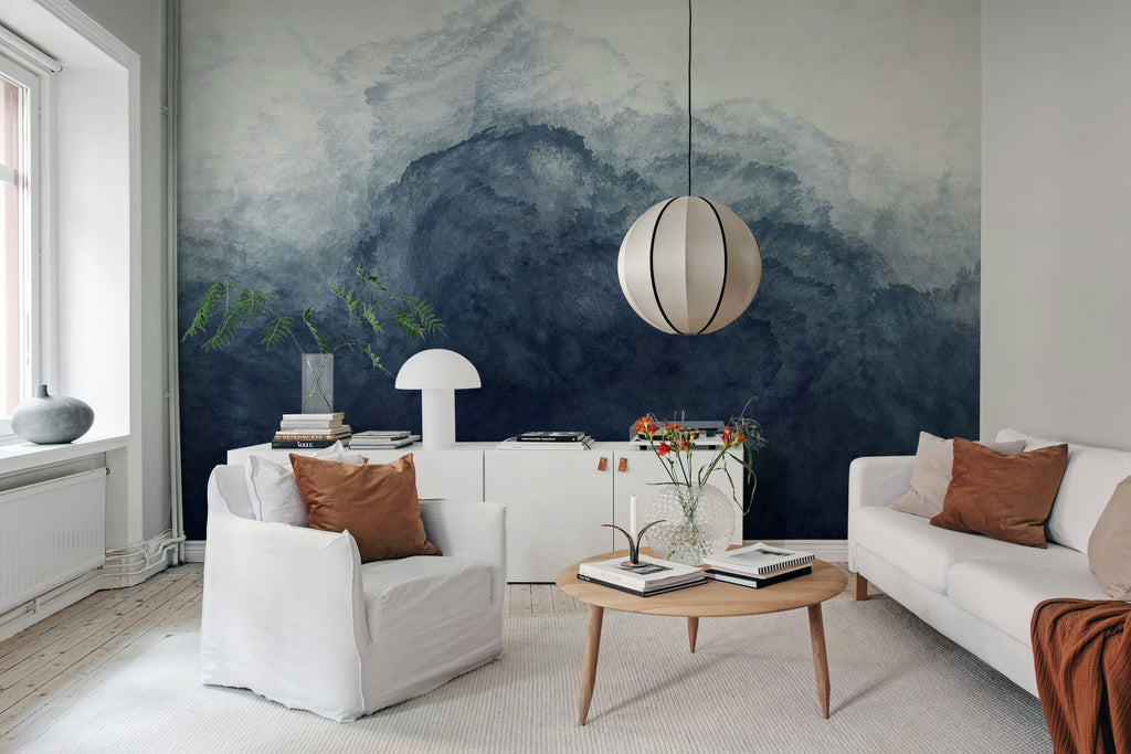 Abstract Watercolor wall mural by Rebel Walls in Blue, styled room