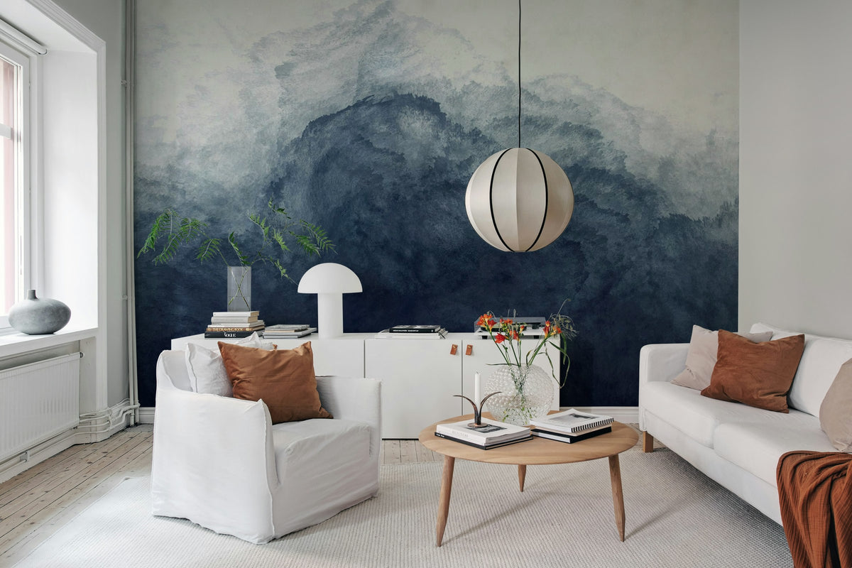 Abstract Watercolor wall mural by Rebel Walls in Navy, styled room