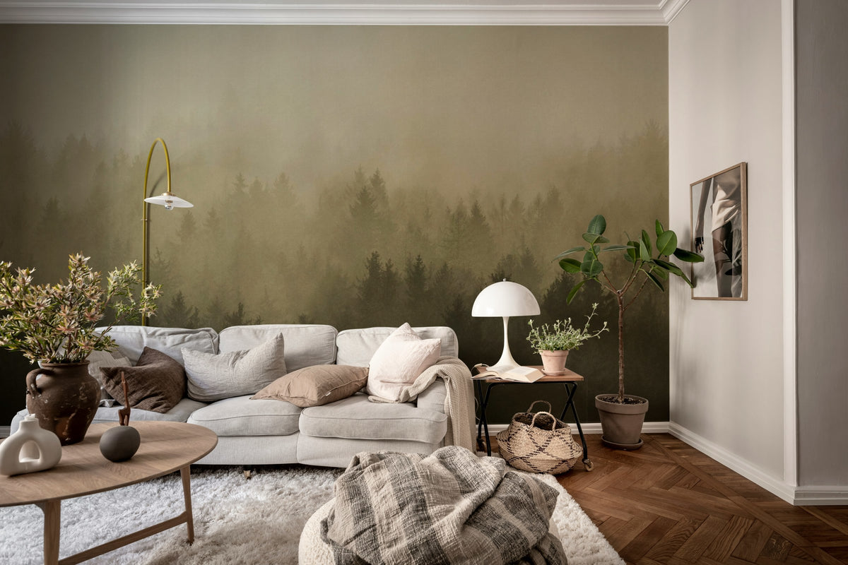 Cloudy Forest wall mural by Rebel Walls in Brown, styled room
