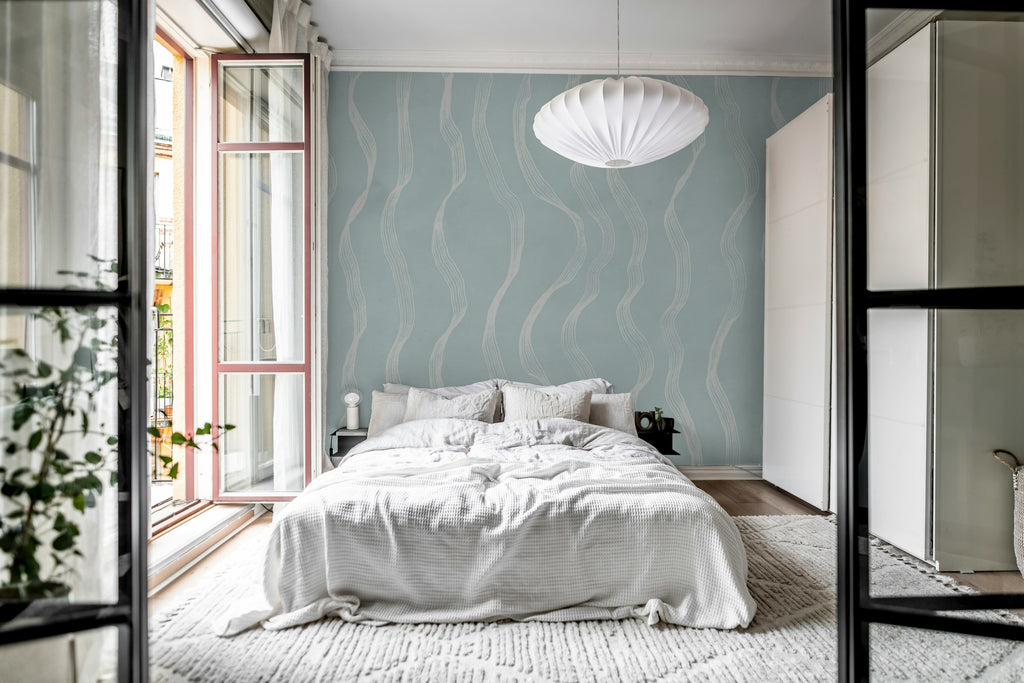 Ribbon Stripe wall mural by Rebel Walls in Blue – Light Blue, styled room