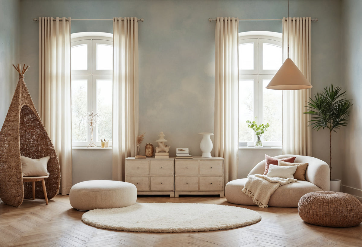 Vintage Clouds wall mural by Rebel Walls in Blue – Sky Blue, styled room