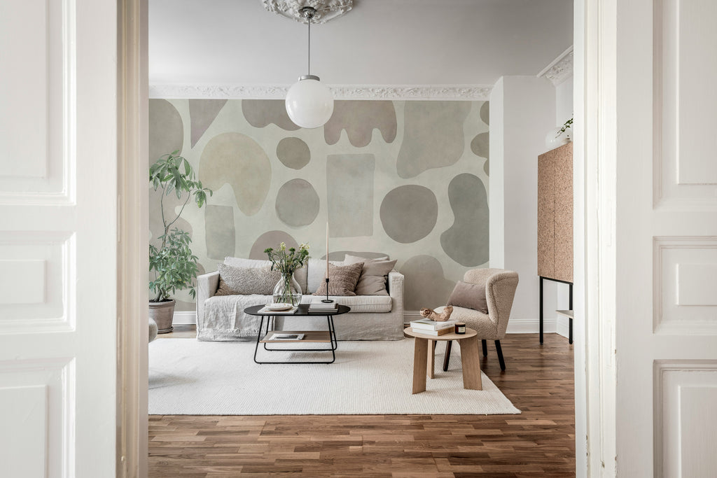 Watercolor Shapes wall mural by Rebel Walls in Beige, styled room