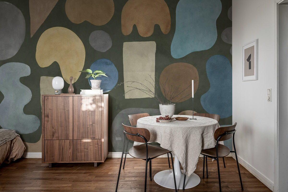 Watercolor Shapes wall mural by Rebel Walls in Black – Dark, styled room