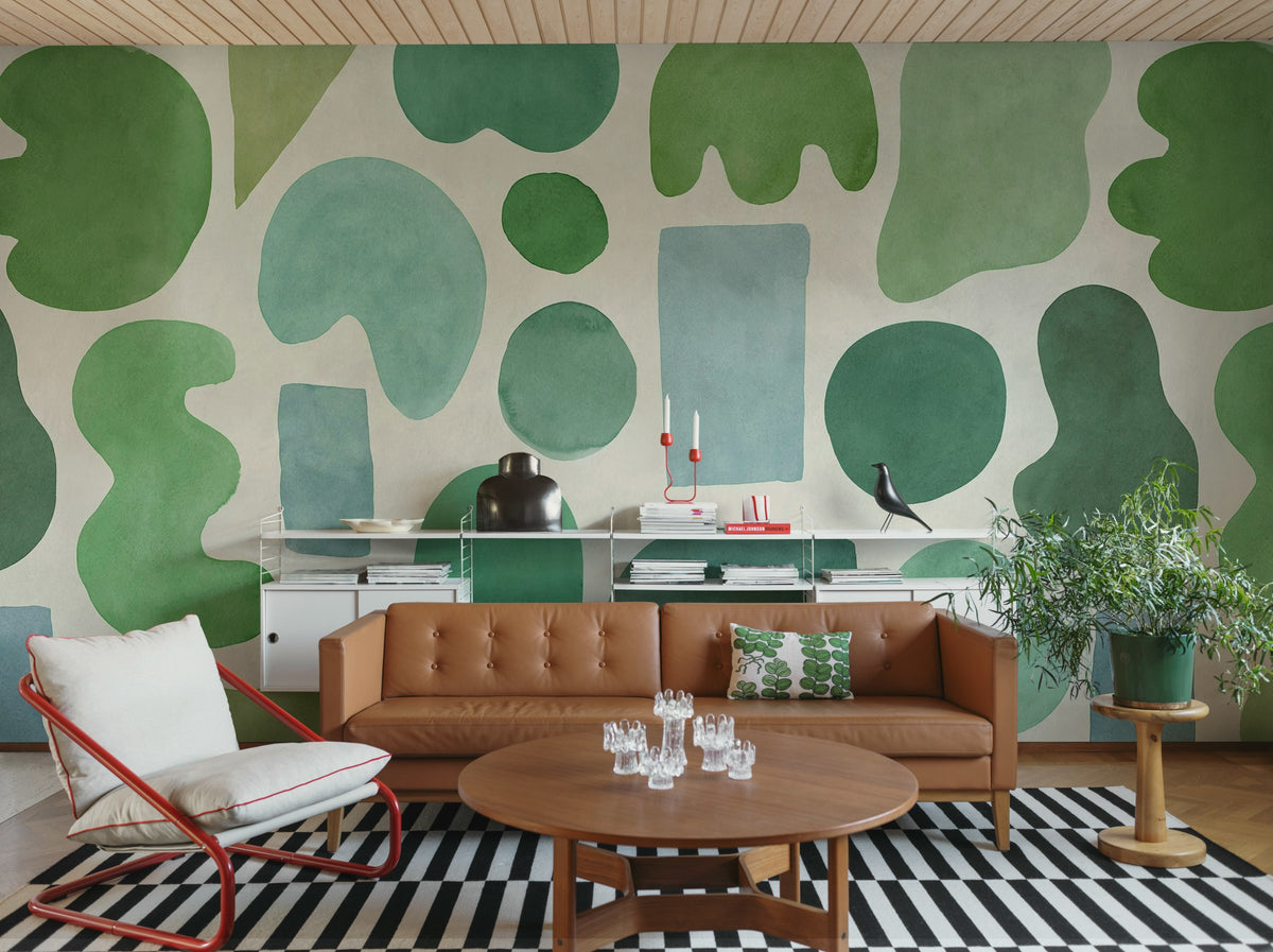 Watercolor Shapes wall mural by Rebel Walls in Green, styled room