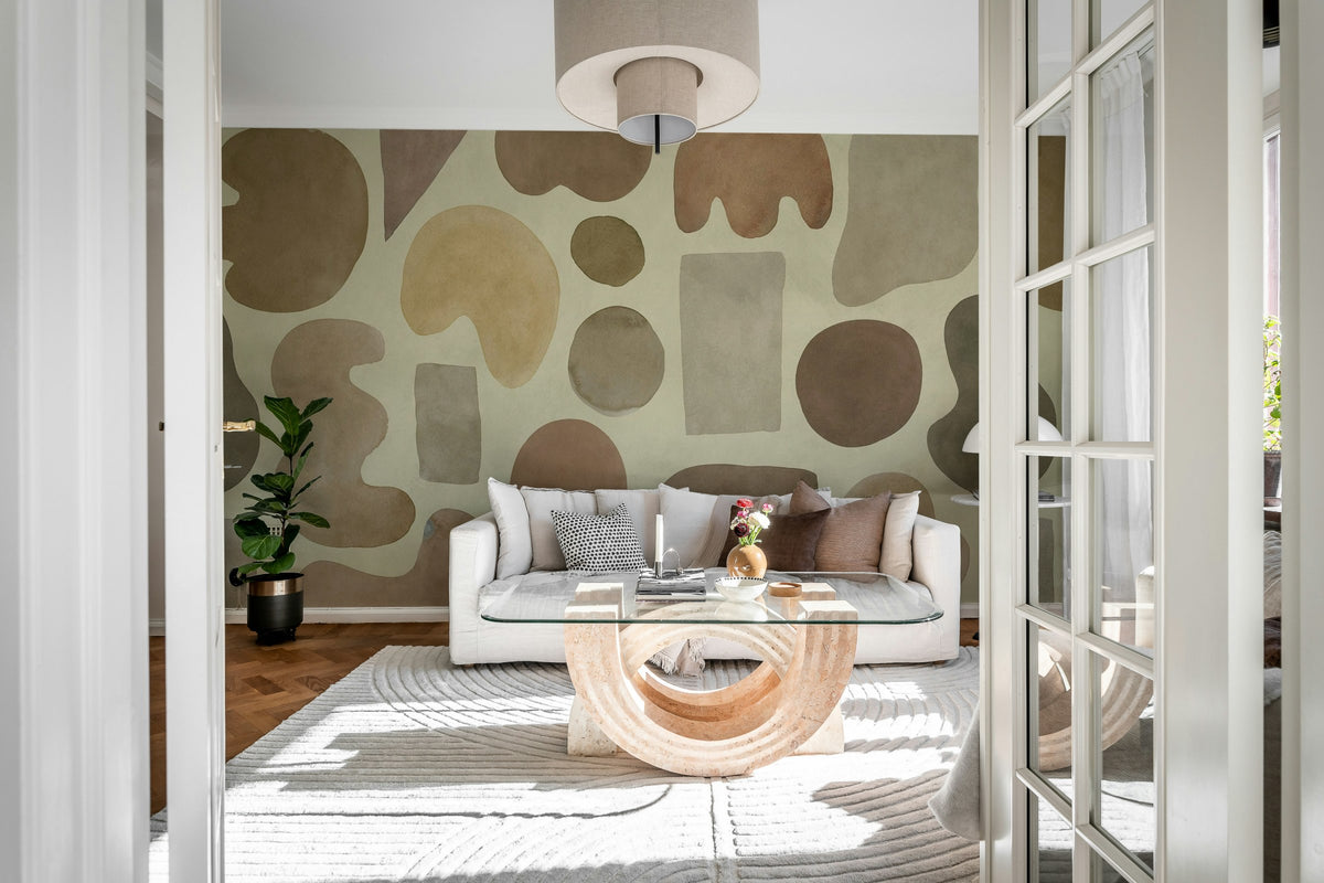 Watercolor Shapes wall mural by Rebel Walls in Brown, styled room