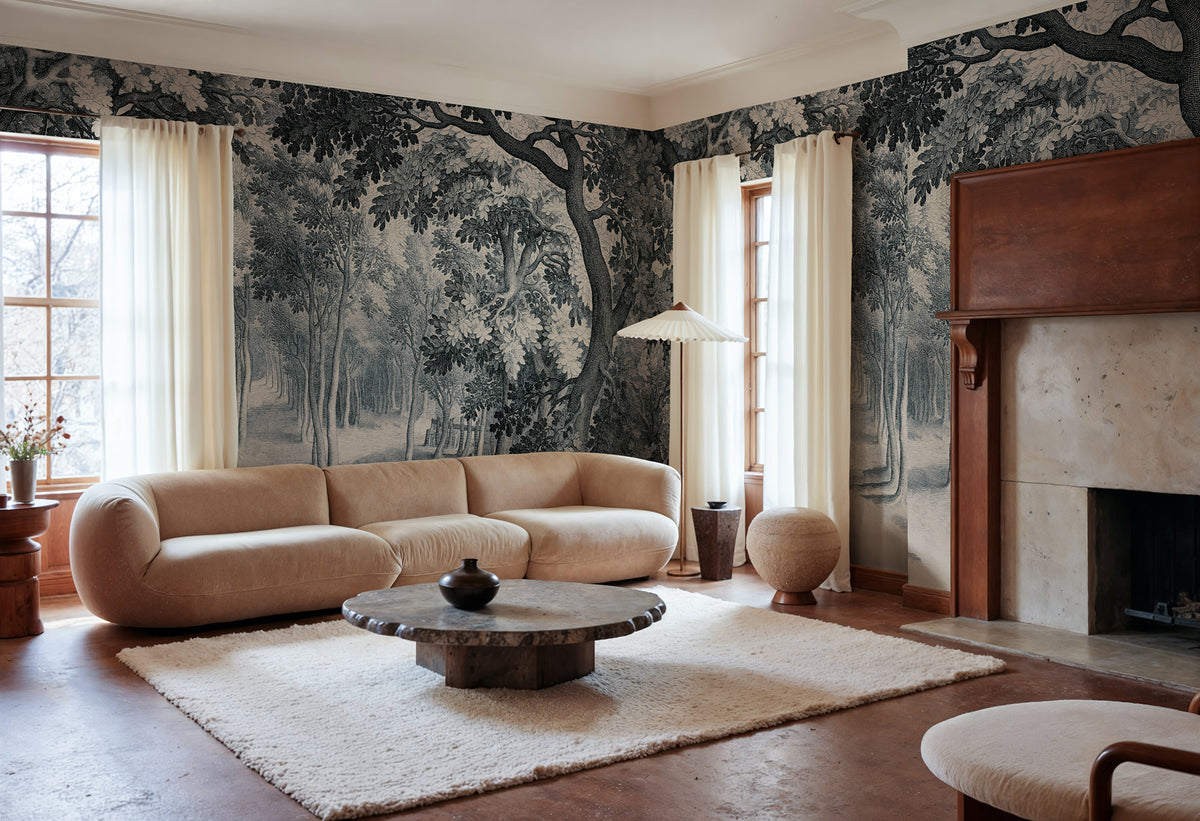 Forest Engraving wall mural by Rebel Walls in Blue, styled room