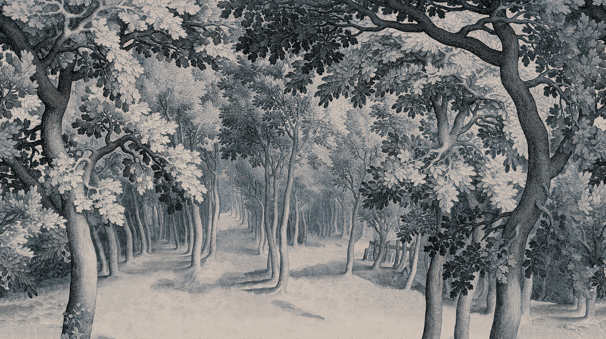 Forest Engraving wall mural by Rebel Walls in Blue, flat swatch