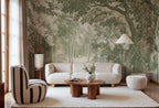 Forest Engraving wall mural by Rebel Walls in Green, styled room