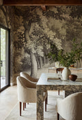 Forest Engraving wall mural by Rebel Walls in Brown – Sepia, styled room