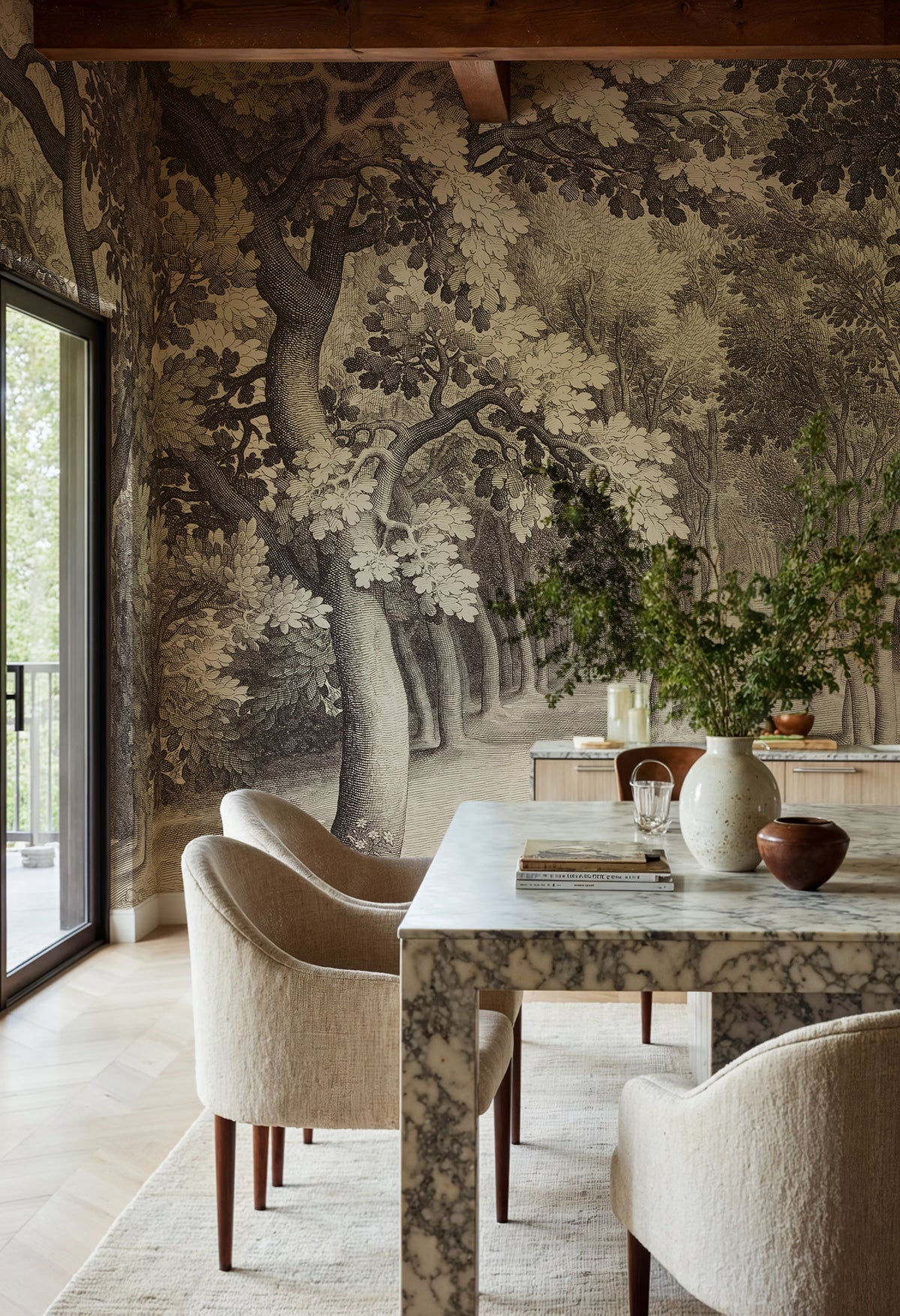 Forest Engraving wall mural by Rebel Walls in Brown – Sepia, styled room