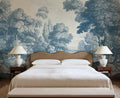 Etching Park wall mural by Rebel Walls in Blue, styled room