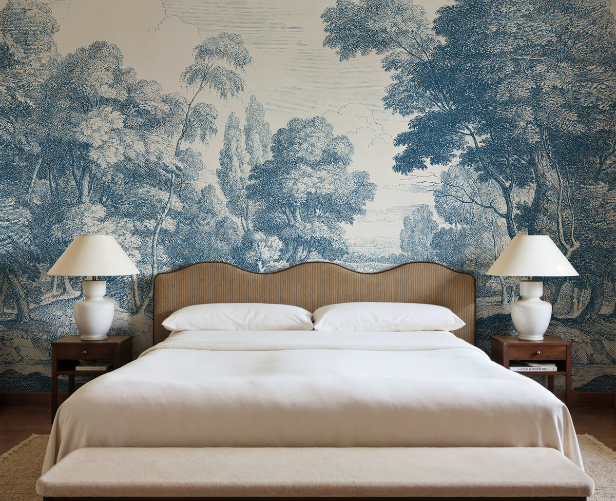 Etching Park wall mural by Rebel Walls in Blue, styled room