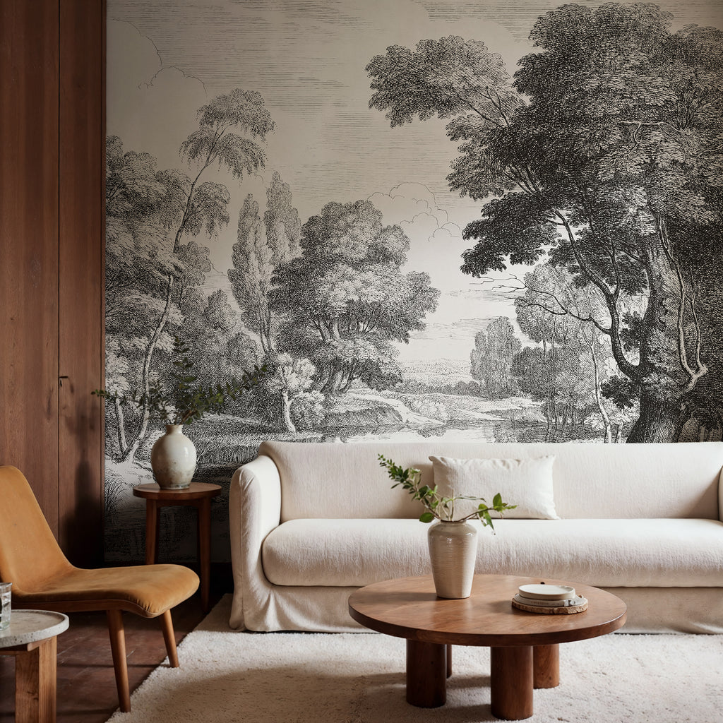 Etching Park wall mural by Rebel Walls in Black, styled room
