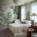 Etching Park wall mural by Rebel Walls in Green, styled room