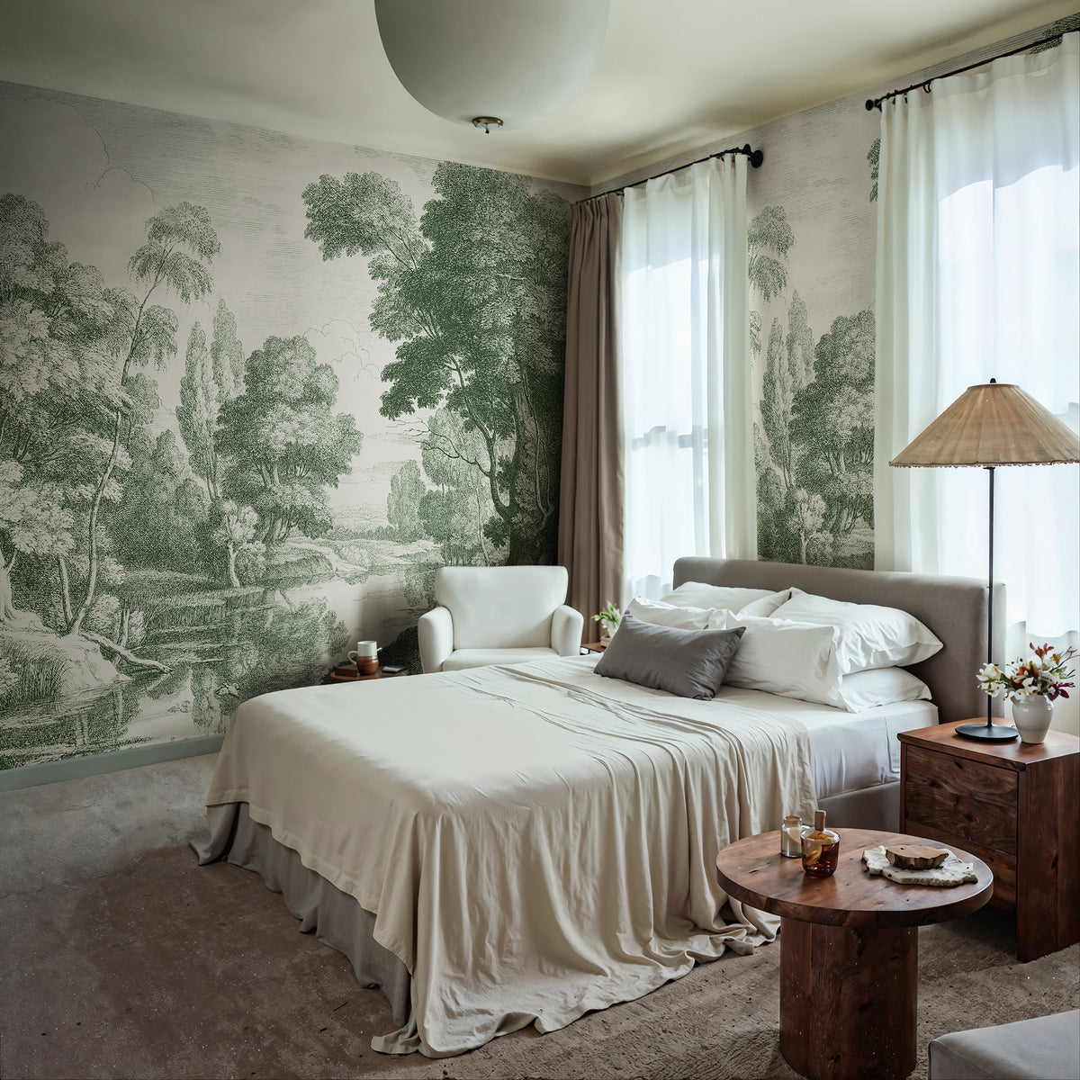 Etching Park wall mural by Rebel Walls in Green, styled room